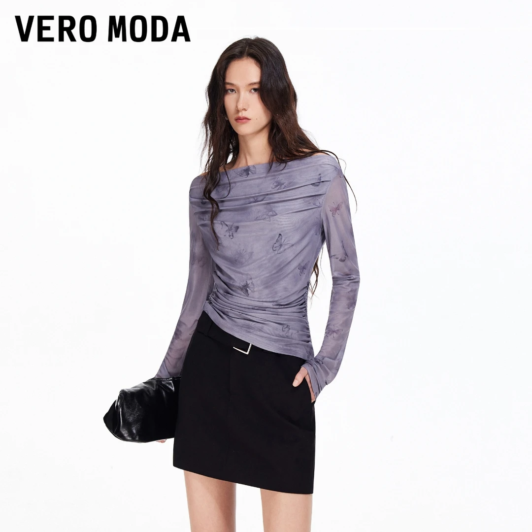 Vero ModaT恤女2026春季新款一字肩蝴蝶印花抽褶上衣百搭显瘦