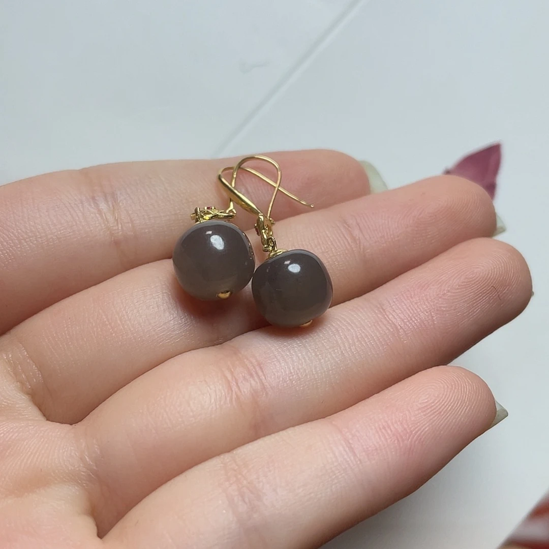 和田玉18K金镶嵌耳饰烟紫耳坠