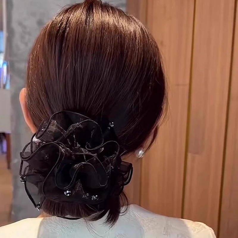 韩式气质蓬松显发量头花黑色欧根纱简约扎丸子头发圈高弹力大肠圈