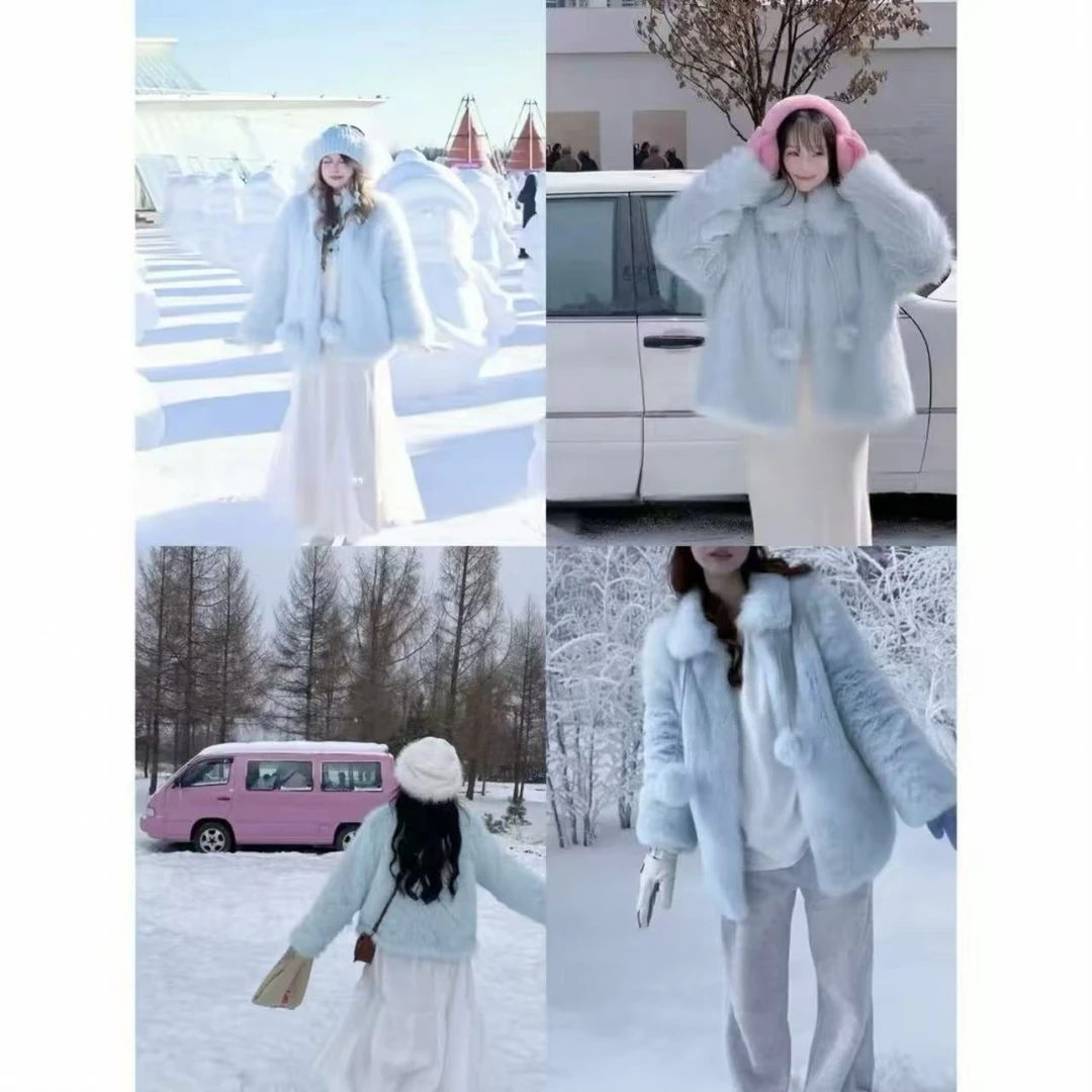 DYS秋冬中长款甜美风富家千金感毛毛外套