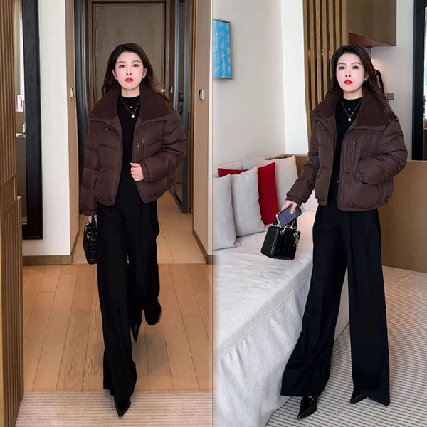 2025女翻领宽松保暖极简风拉链显瘦韩版冬季洋气