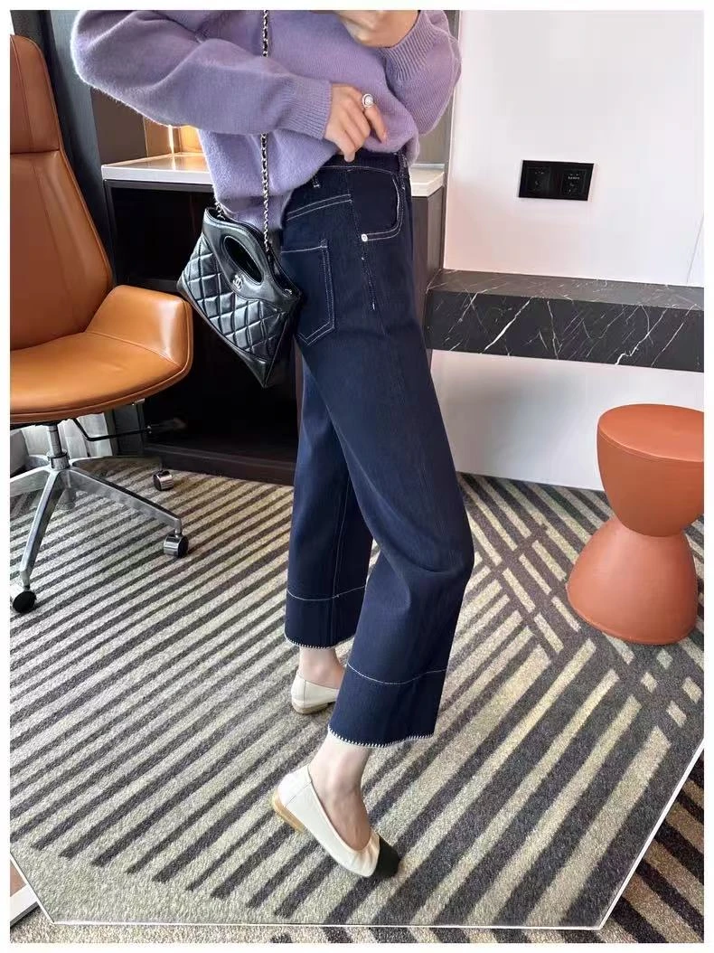 刺绣花边直筒九分牛仔裤女2025秋季新款大码胖mm高腰弹力烟管裤