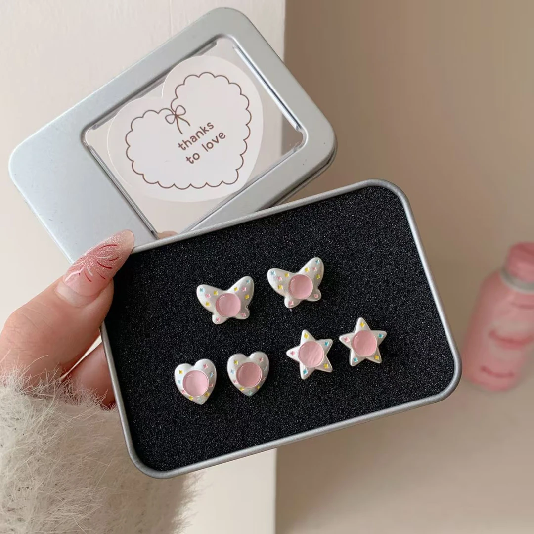 合金耳饰 春季新款七彩蝴蝶爱心甜美少女耳钉可爱卡通勤女耳饰