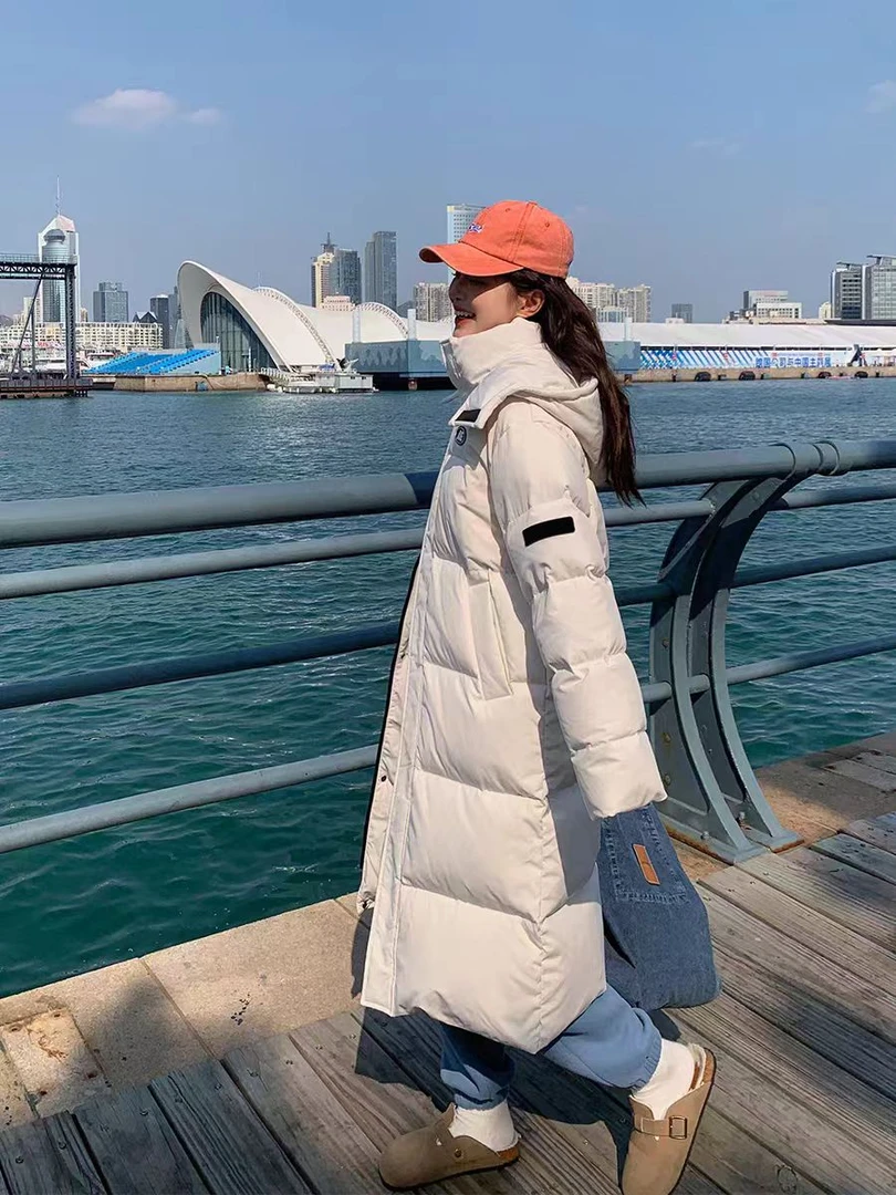 2025长款羽绒服女过膝加厚韩版黑色冬季白鸭绒连帽外套韩版中戏款