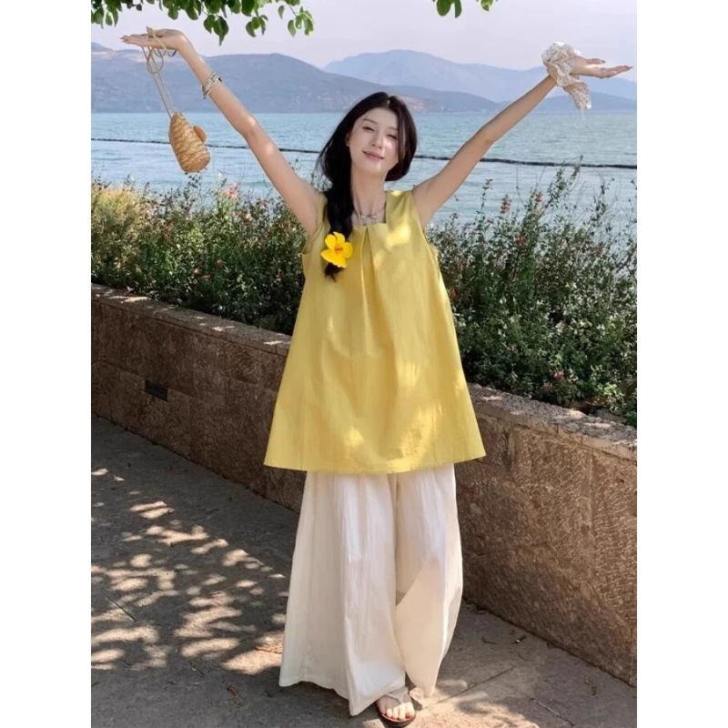 韩系黄色无袖背心衬衫女2025夏季新款松弛感宽松中长款无袖上衣潮