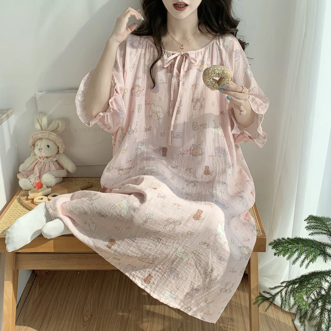 280斤大码睡衣女宽松棉纱睡裙甜美带胸垫夏天爆款2025薄款家居服