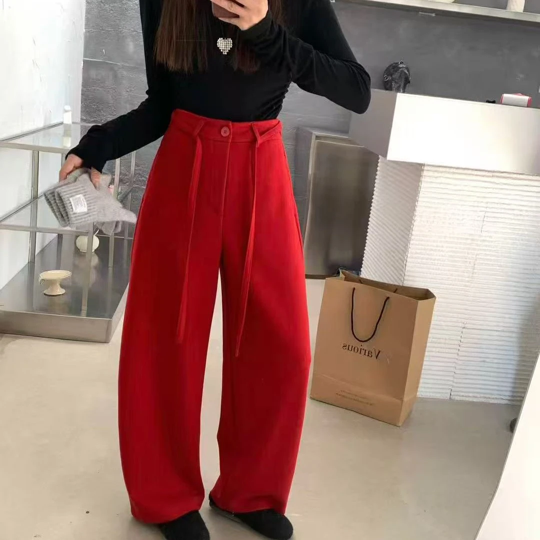 红高腰显瘦垂坠感阔腿裤女时尚百搭休闲风气质款