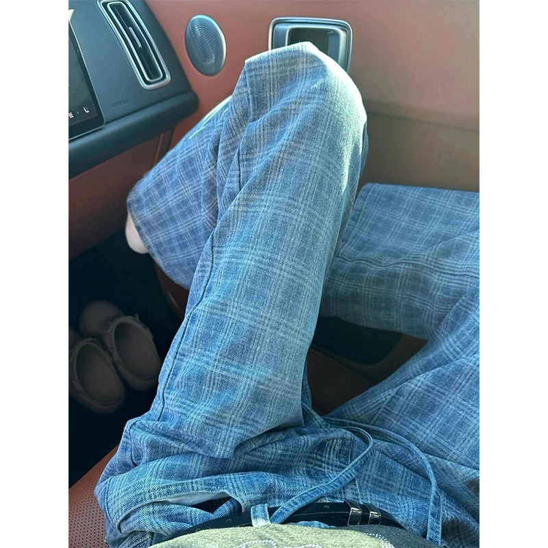 蓝色格子牛仔裤男夏季薄款痞帅高级感裤子美式高街潮牌提档微喇裤