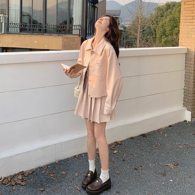 氛围感麂皮绒套装裙女2025春秋新款可盐可甜韩系夹克百褶裙两件套