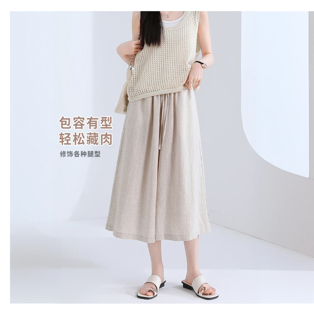 高档100%纯亚麻裙裤女士2025夏薄款新款亚麻裤子阔腿休闲七分裤子
