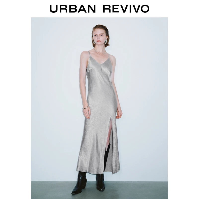 UR2025春季新款女装欧若风时髦魅力微褶开衩吊带连衣裙UWJ750014
