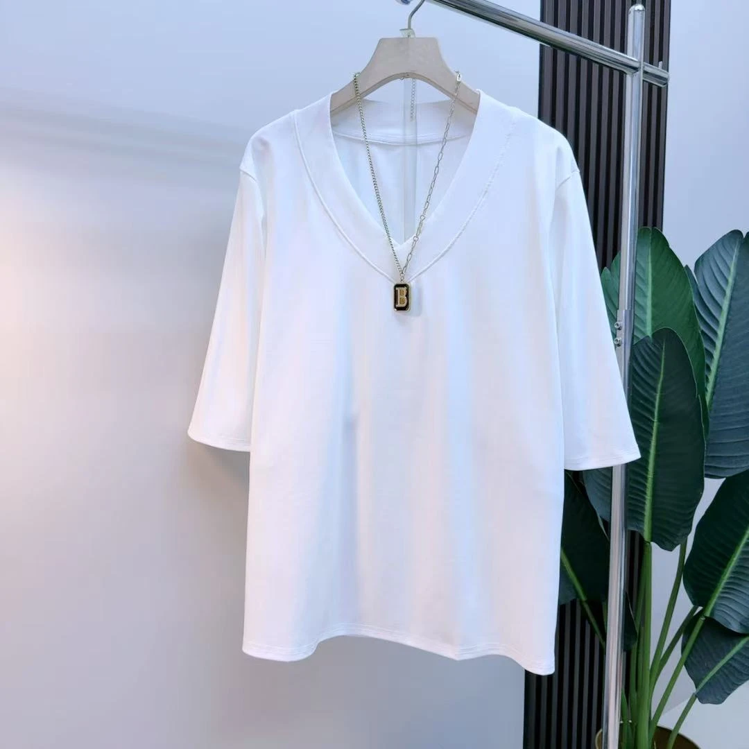 胖mm欧货时尚气质显瘦早秋v领宽松潮流85175简约纯色百搭中袖