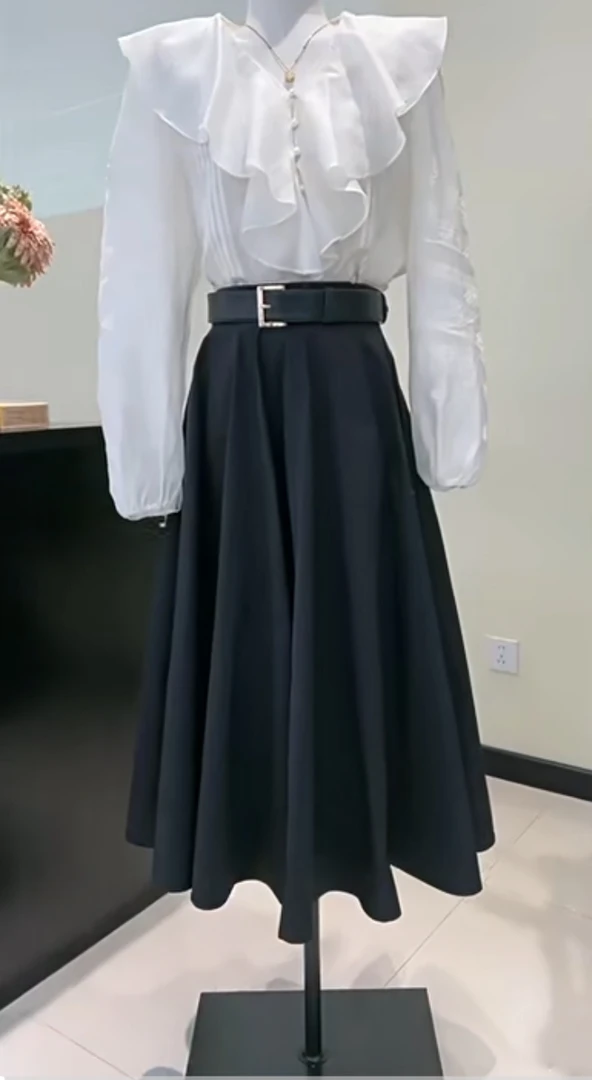 上衣半裙百褶裙高腰女装时尚套装小众法式黑色时尚A字连衣裙