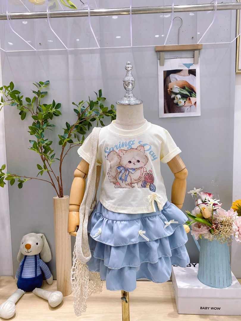 公主百褶常规套头夏季卡通动漫女韩版套装蕾丝绣花短裙半身裙洋气