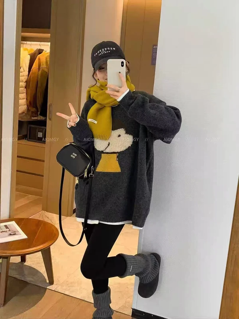 冬季新款卡通植绒宽松慵懒风圆领套头韩系大款针织毛衣70001