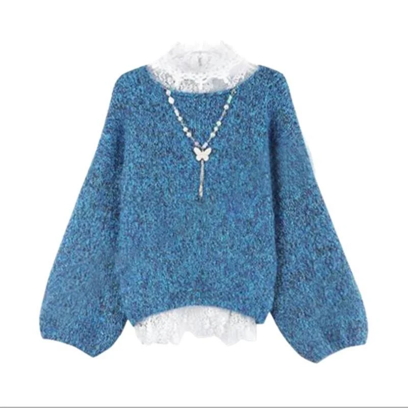 《猪猪出品》法式文雅气质圆领毛衣蓝白色勾花蕾丝蝴蝶项链打底套装