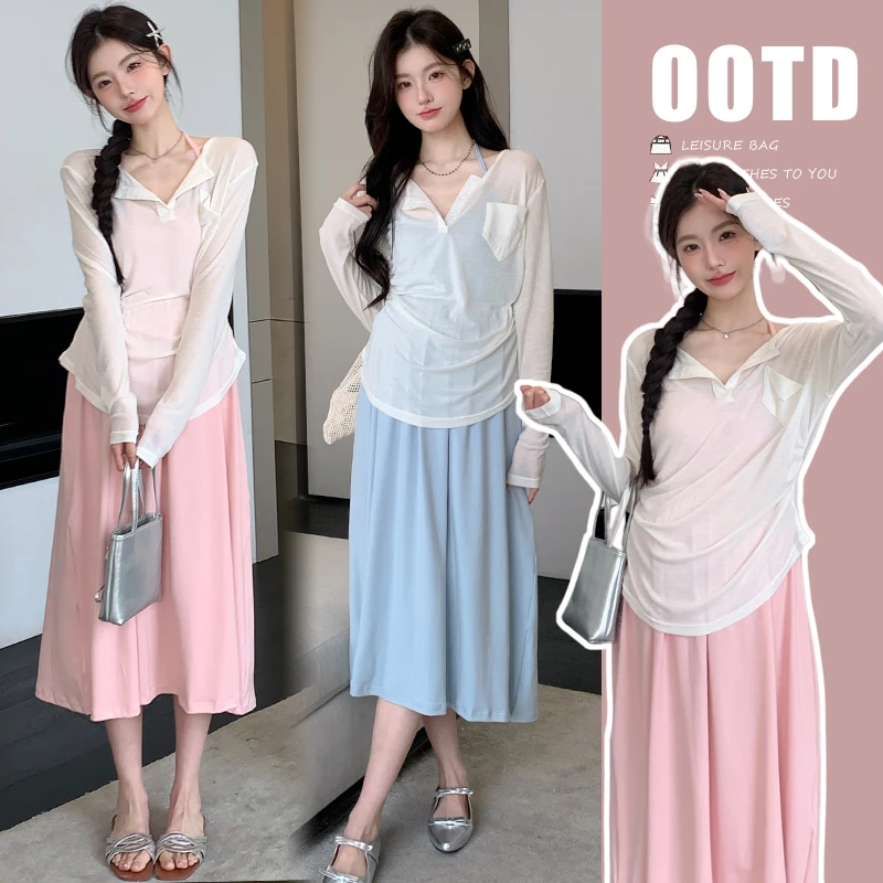 时髦孕妇装新款春夏防晒罩衫透气显瘦吊带孕妈连衣裙网红洋气套装