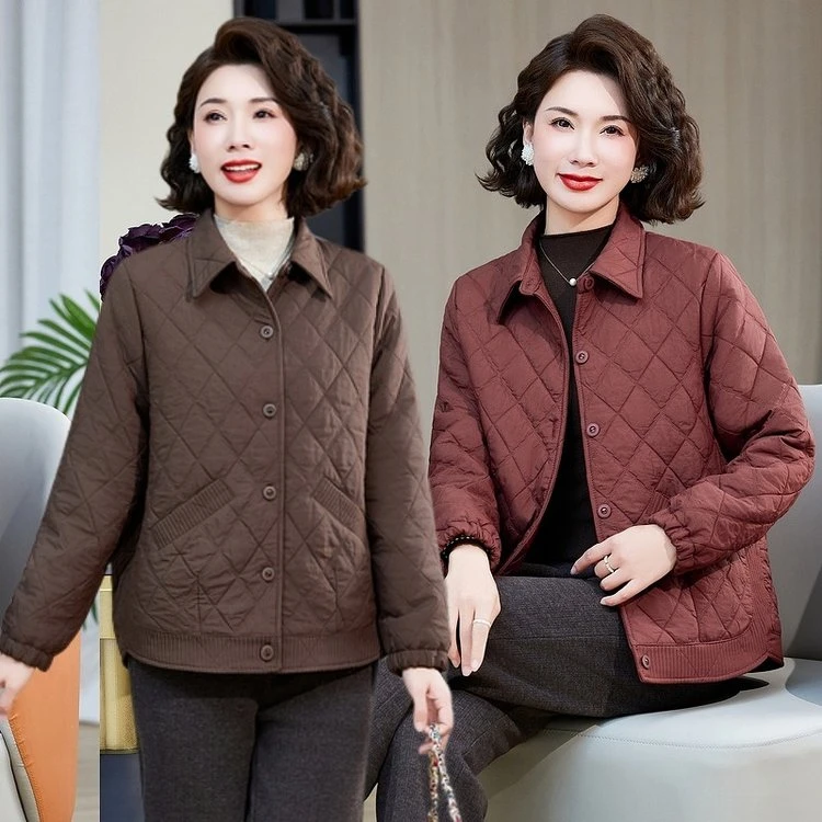 秋装新款女翻领外套时尚格子短款中老年妈妈50岁洋气休闲夹克开衫