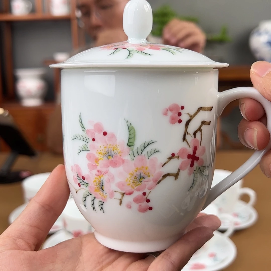 滑石子 釉下彩水点桃花办公杯