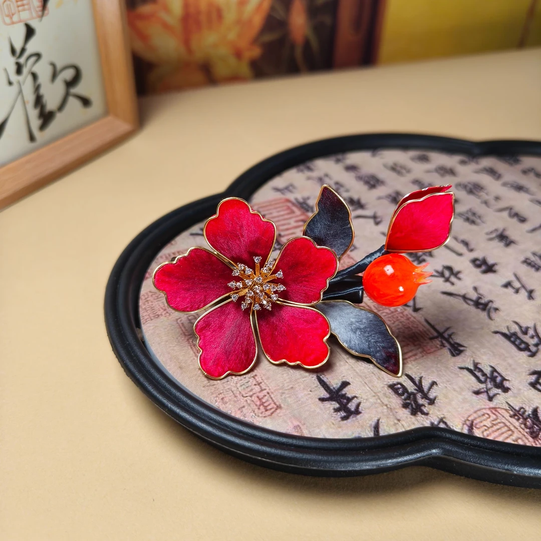 [石榴]红色绒花发夹手工蚕丝新年喜庆汉服搭配国风发饰复古发饰