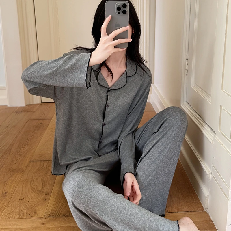 睡衣女款春秋季长袖长裤简约宽松大码可外穿带胸垫女士家居服套装