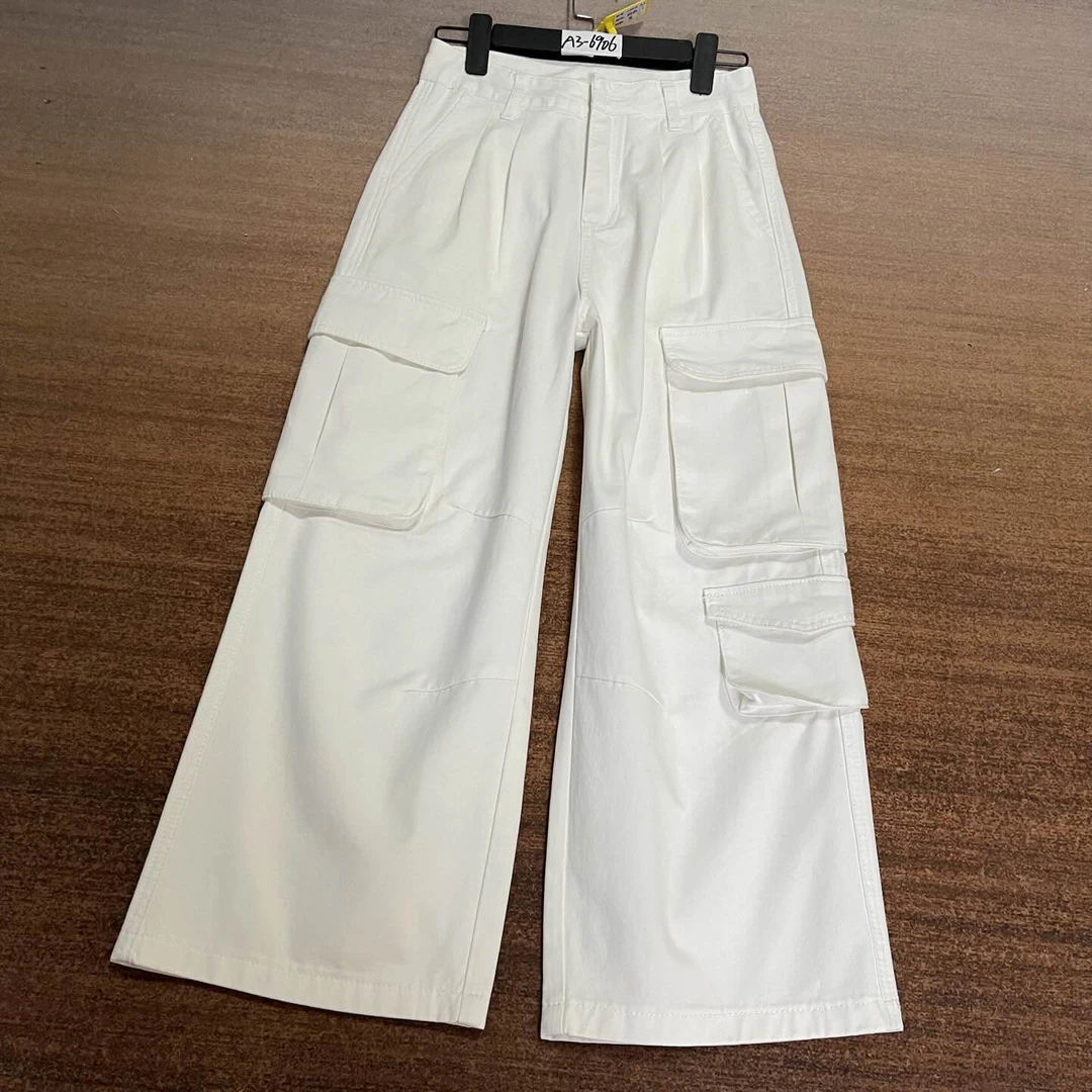 A3-6906 白色九分小个子美式个性大口袋阔腿工装裤 无弹（不换退）