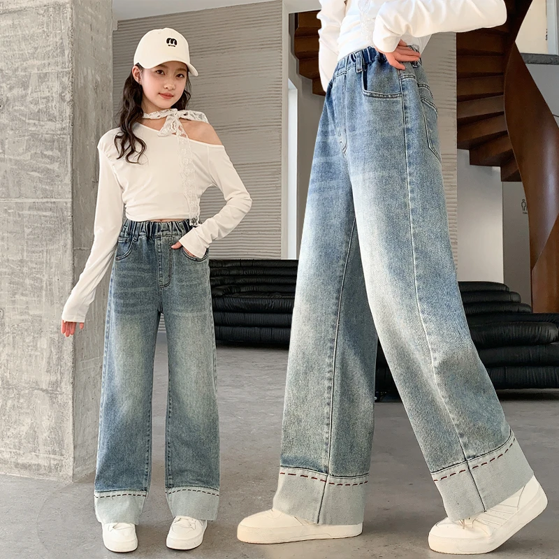 女童直筒牛仔裤春秋中大童裤子2025新款春装儿童洋气宽松休闲长裤