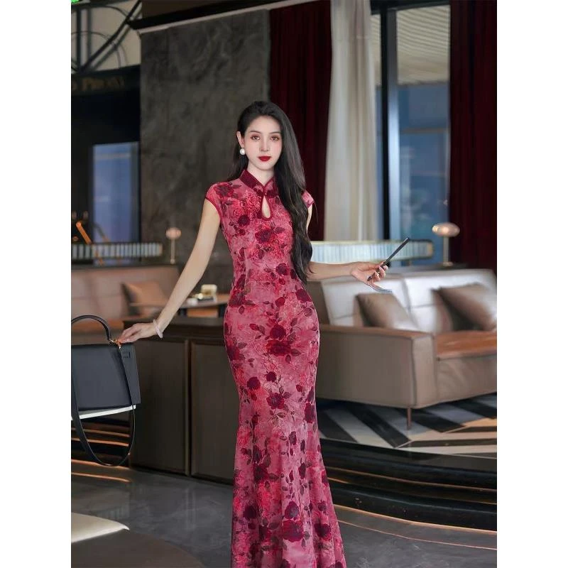 原创设计新中式高定网底印花扎染气质修身复古旗袍