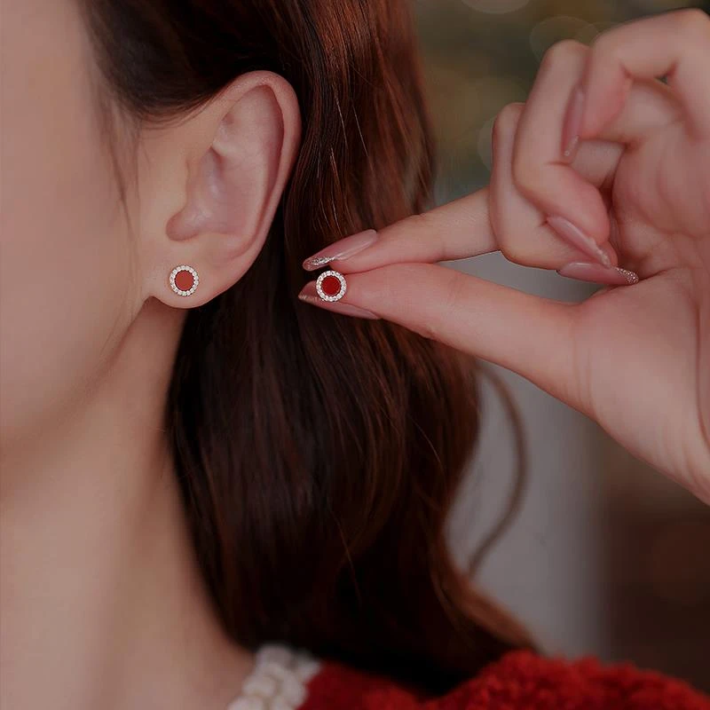CAIEM KAIET 925银耳饰 新年红色小圆饼精致耳钉耳环女喜庆耳饰