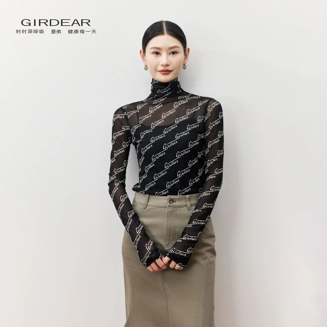 GIRDEAR/哥弟打底衫网纱长袖时尚小衫亮丝半高领1300237-2A08011-