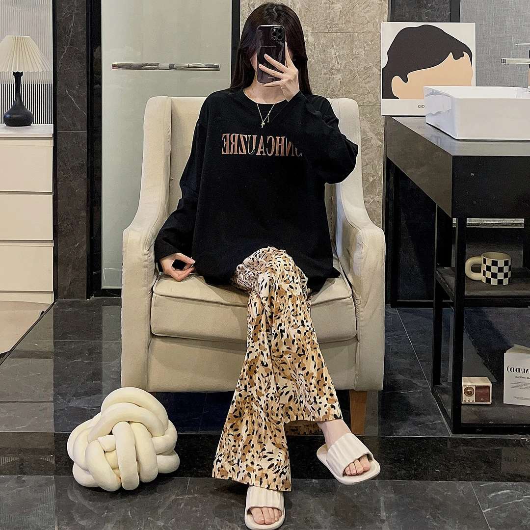 睡衣女春秋季可外穿2025新款纯棉长袖大码棕色豹纹长裤套装家居服