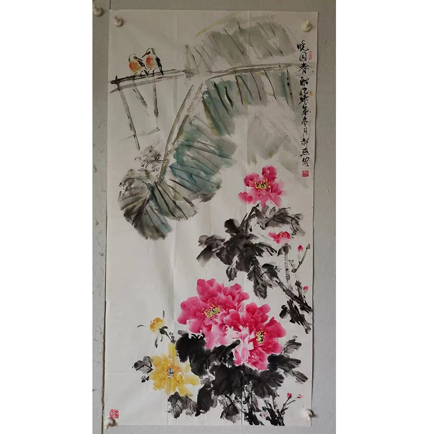 3600  纯手绘老字画《晓园春酣》中堂  尺寸 137×68