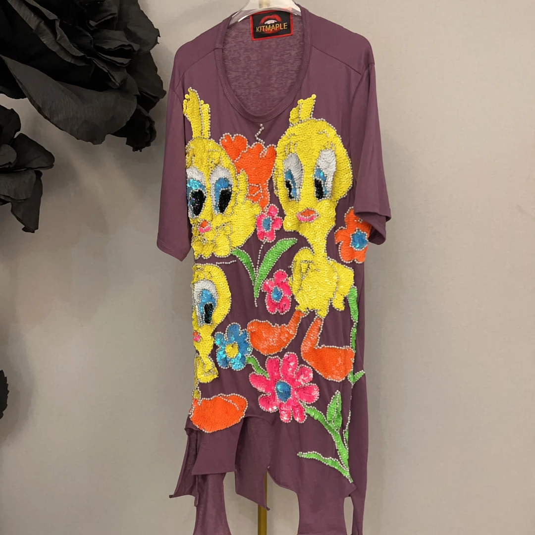 W1116手工重工亮片卡通T恤透气中长款圆领大版刺绣短袖