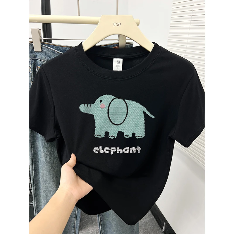 黑色正肩短袖t恤女夏季新款韩版卡通大象印花设计感大码休闲上衣
