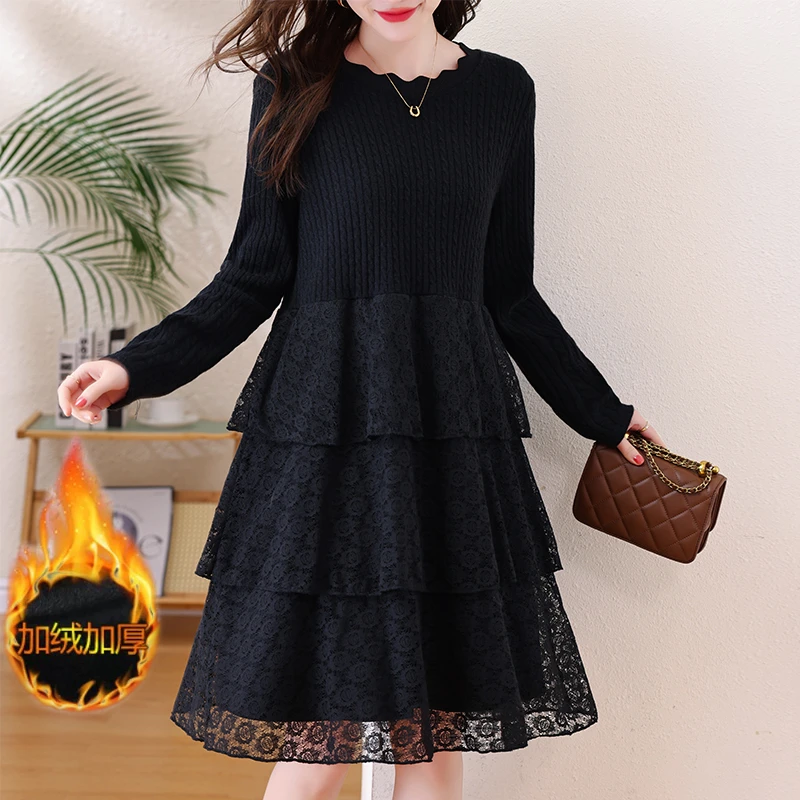 大码连衣裙女2025冬新款针织羊毛拼接蕾丝遮肚显瘦胖妈妈蛋糕裙
