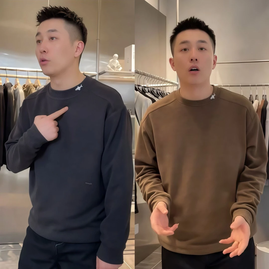 秋冬新款小海豚刺绣纯色结构云朵绒加厚圆领男士卫衣保暖长袖T恤