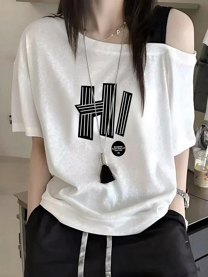 韩系撞色字母印花设计感露肩斜肩短袖上衣女夏季短款修身T恤女