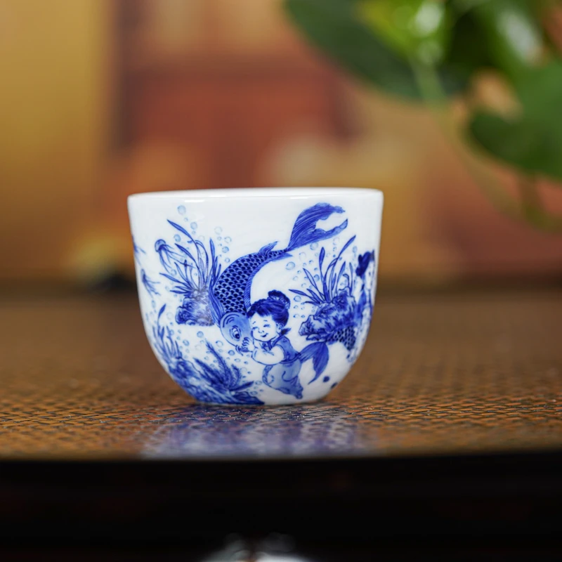 九段烧妙手青花婴戏鸡缸杯（宝珠）jd169