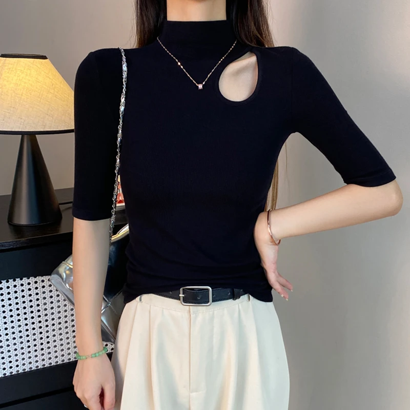 黑色螺纹半高领中袖t恤女春夏五分袖镂空打底衫内搭修身半袖上衣