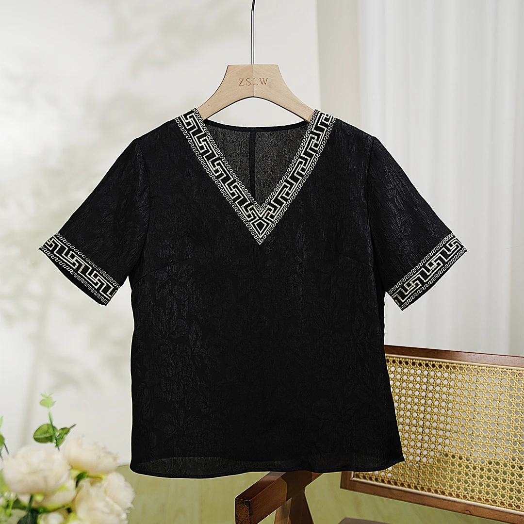 【韵致】100%桑蚕丝刺绣冠乐绉上衣T恤宽松圆领女装 短袖  9S1326