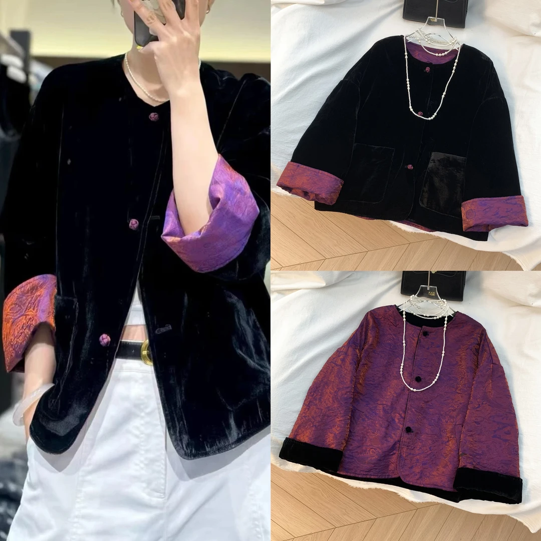 D999-3231【紫霞】新中式国风鎏金提花两面穿秋冬高端丝绒外套女