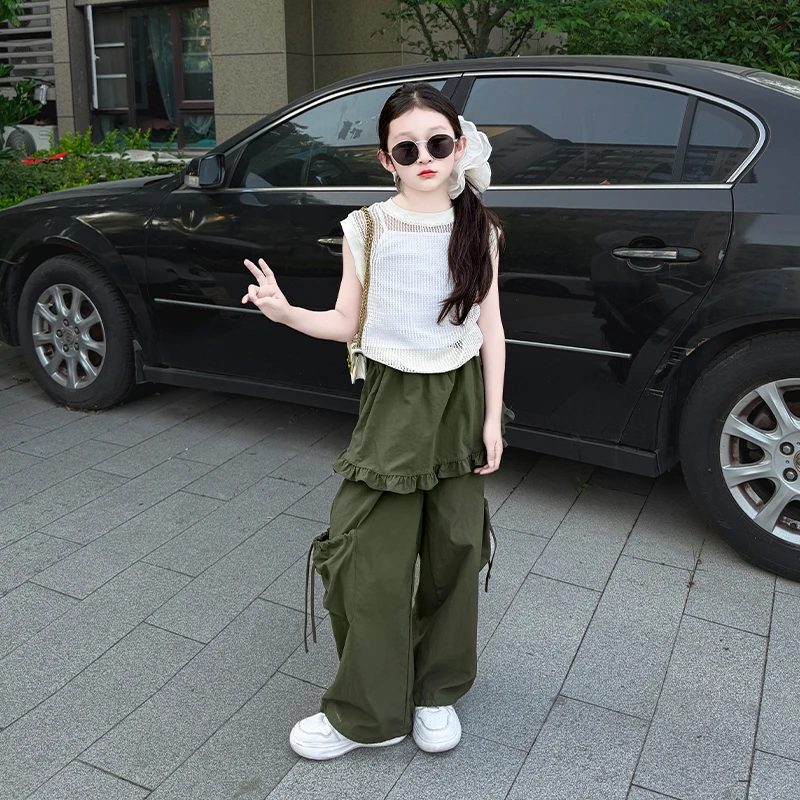 女童夏款2025新款中大童洋气时尚镂空马甲背心个性工装裤三件套潮