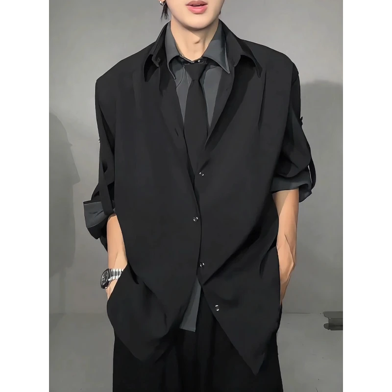 假两件拼接领带设计感衬衫男款早秋季高级感衬衣外套痞帅休闲西装