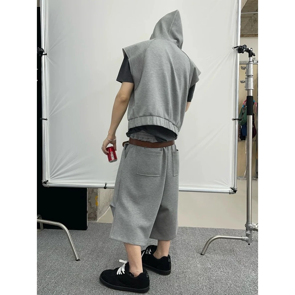 dannyandzee夏季百搭纯色高级灰色七分裤连帽马甲运动休闲套装724