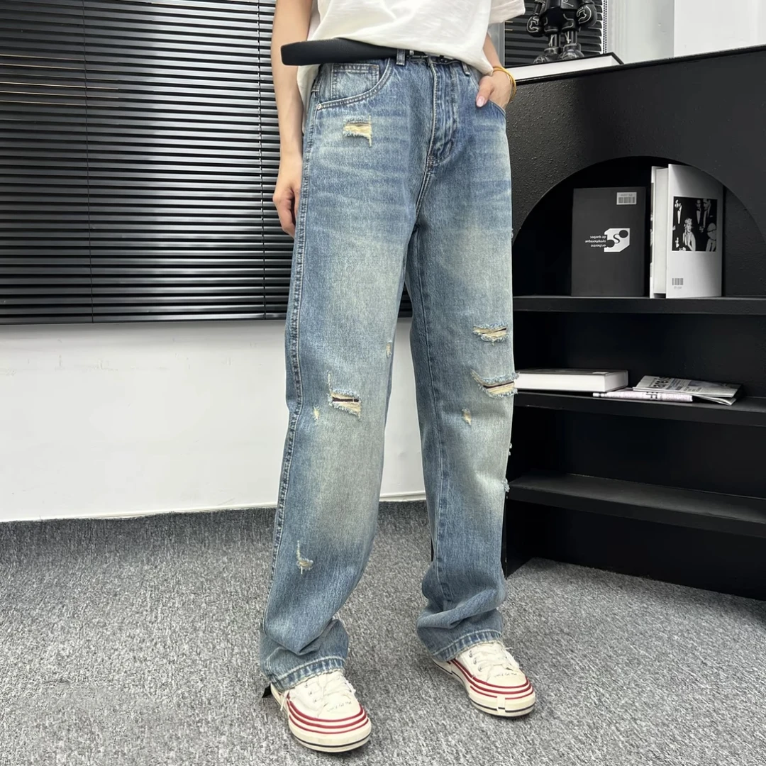 25春夏美式破洞直筒宽松水洗复古蓝做旧牛仔裤休闲潮牌百搭长裤
