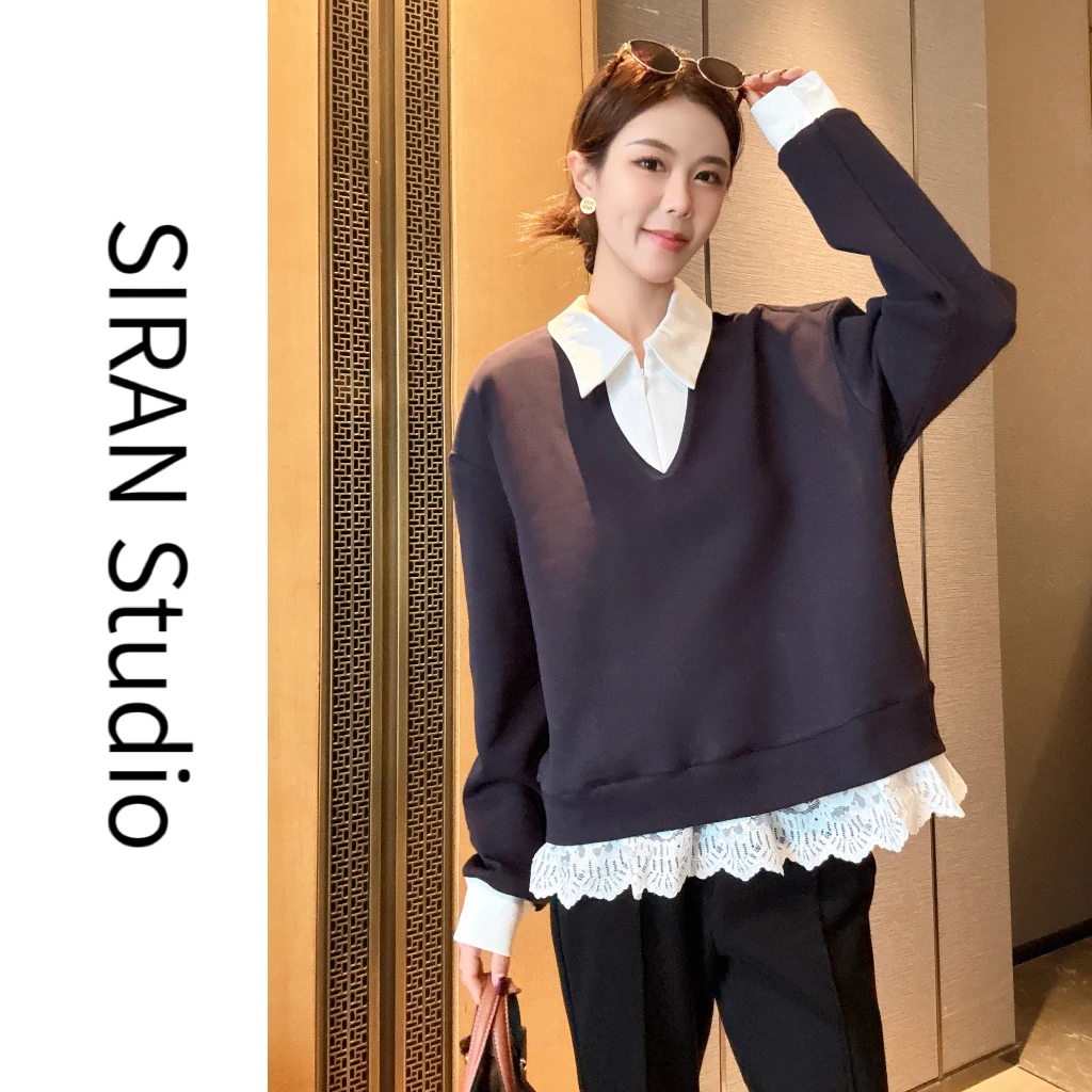 [SIRAN]2025春季新款简约衬衣领设计下摆蕾丝时尚卫衣