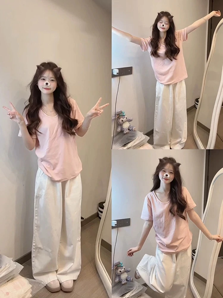 粉色V领宽松正肩短袖T恤女春夏季2025新款慵懒风棉质半袖体恤上衣
