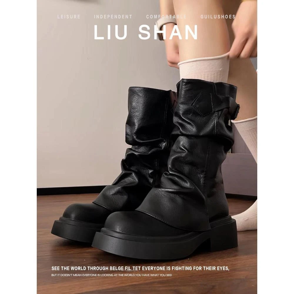 同款百搭鞋子牛皮~荒地风格褶皱带扣女裤靴美拉德靴子