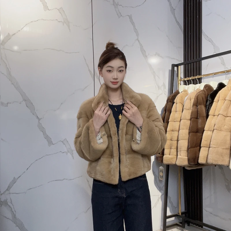 海宁2025新款横排咖啡立领真貂整貂水貂皮草女小红书爆款外套