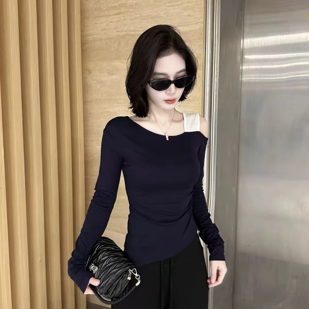 早秋新款2025辣妹设计感修身显瘦露肩T恤百搭上衣长袖打底衫内搭